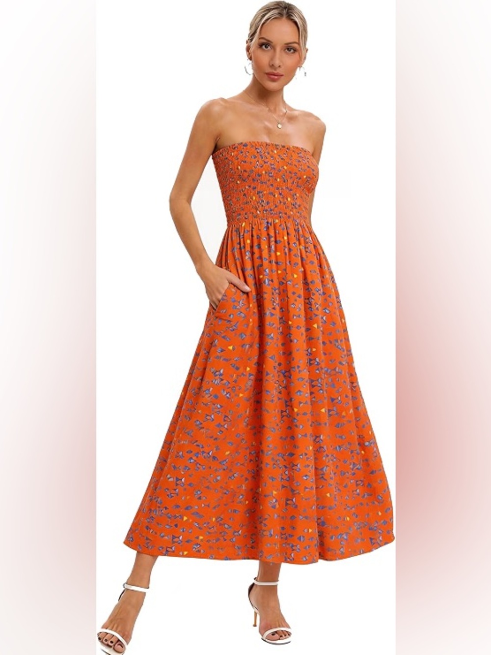 Aigeman Strapless Smocked Flowy Swing Boho Maxi/Midi Dress